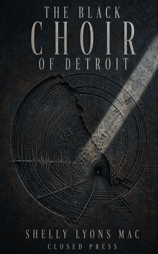 Cover of The Black Choir of Detroit by Shelly Lyons Mac: a cracked dark choir-ring under a shaft of pale light
